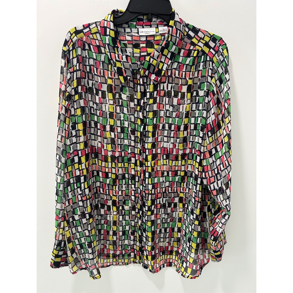 Liz Claiborne Woman 2X Multi Color Geometric Grid Chiffon Button Down Blouse
